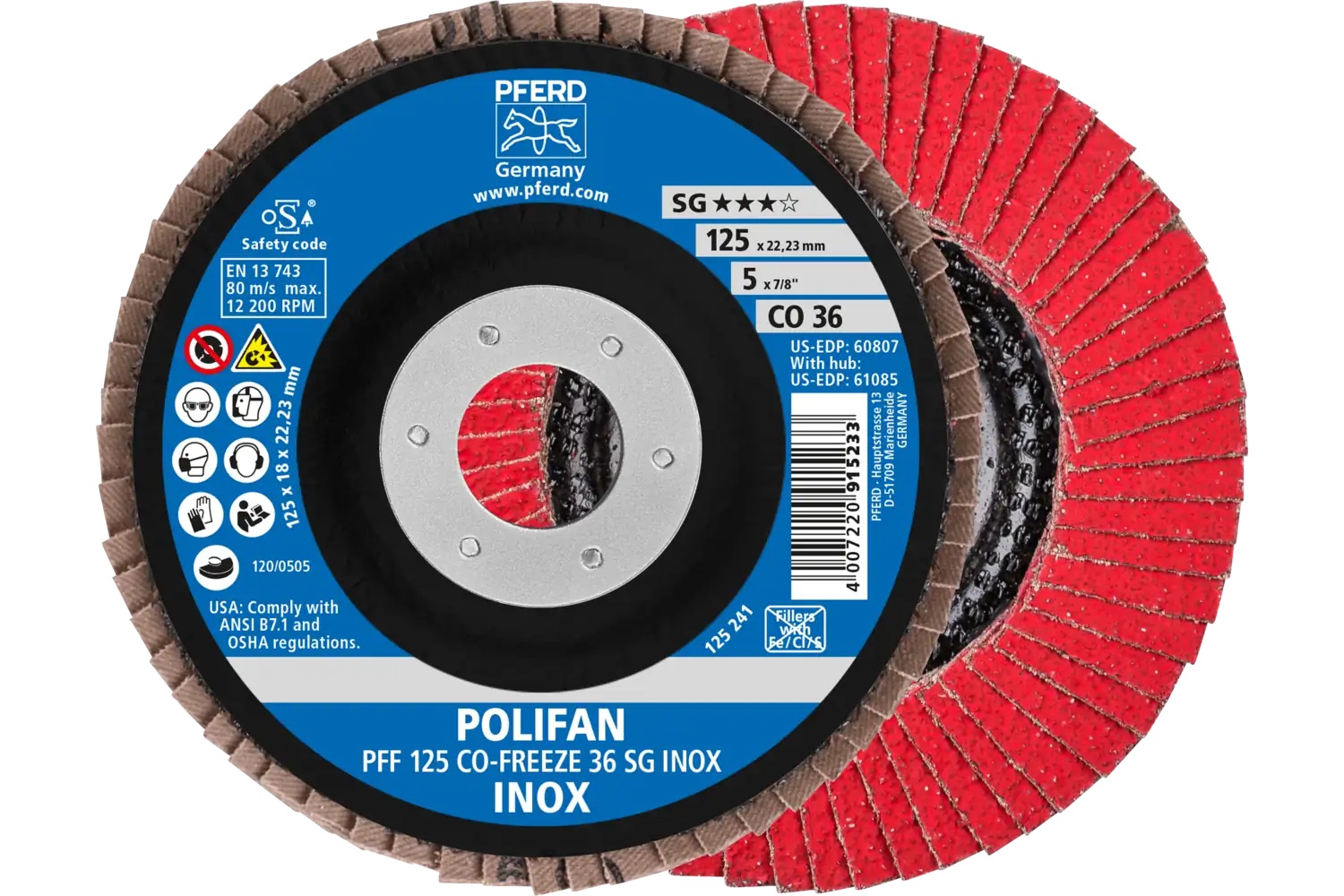 Picture of Pferd Flap Disc, 5" x 7/8, CO-Freeze SG Inox, 36 Grit, T27, Flat, Ceramic